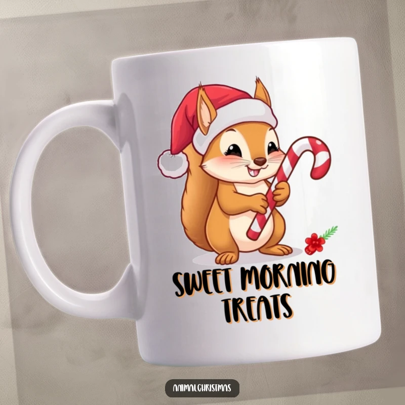 Funny Squirrel Candy Cane Mug, a cute cartoon squirrel in a Santa hat happily holding a candy cane, perfect for festive holiday cheer.
