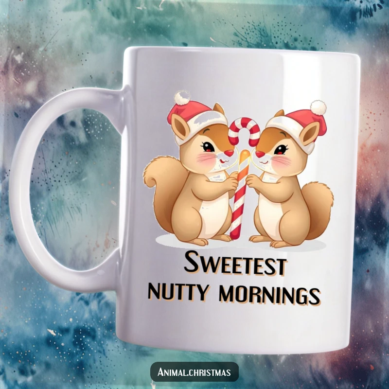 Funny squirrel Christmas mug featuring two squirrels in tiny hats sharing a glowing candy cane, exuding festive cuteness and fun.