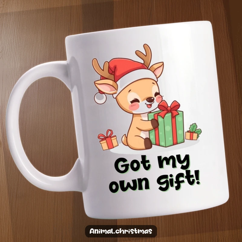 Funny kawaii deer in a Santa hat, ecstatically opening a present on a festive mug, perfect for Christmas humor.