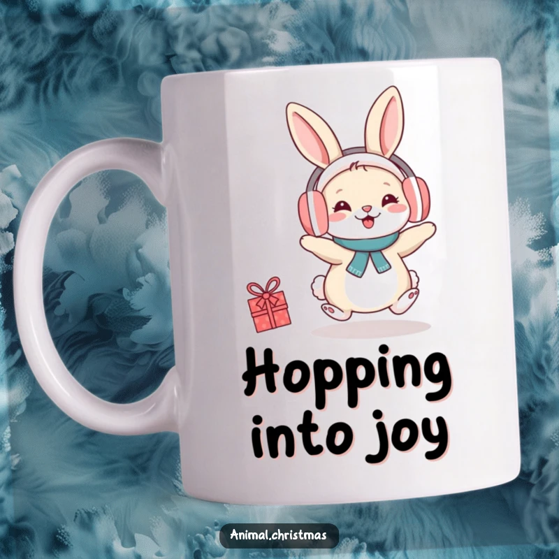 Funny mug with a cheerful rabbit wearing earmuffs, hopping energetically with festive holiday spirit.