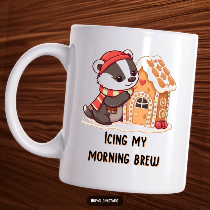 Funny badger mug with a badger in a festive scarf decorating a gingerbread house with icing, showcasing baking fun.
