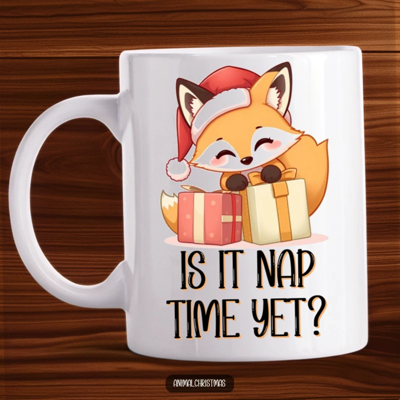 Funny Fox Santa Gift Mug, an adorable cartoon fox wearing a Santa hat eagerly opening a Christmas present with excitement, perfect for holiday humor.