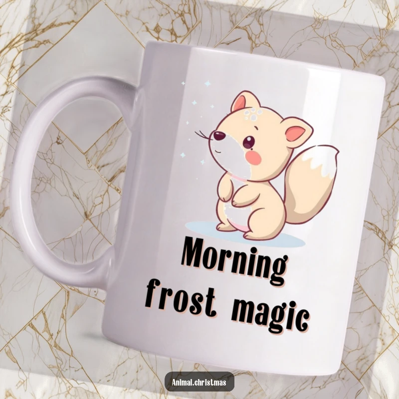 Funny mug showing an animal playfully flicking its tail, sprinkling sparkling snow, capturing a magical winter moment.