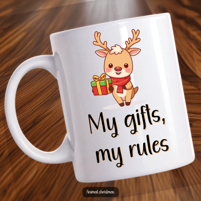 Funny Reindeer Mug: A cute reindeer cheerfully delivering a gift with a smile, spreading holiday happiness.