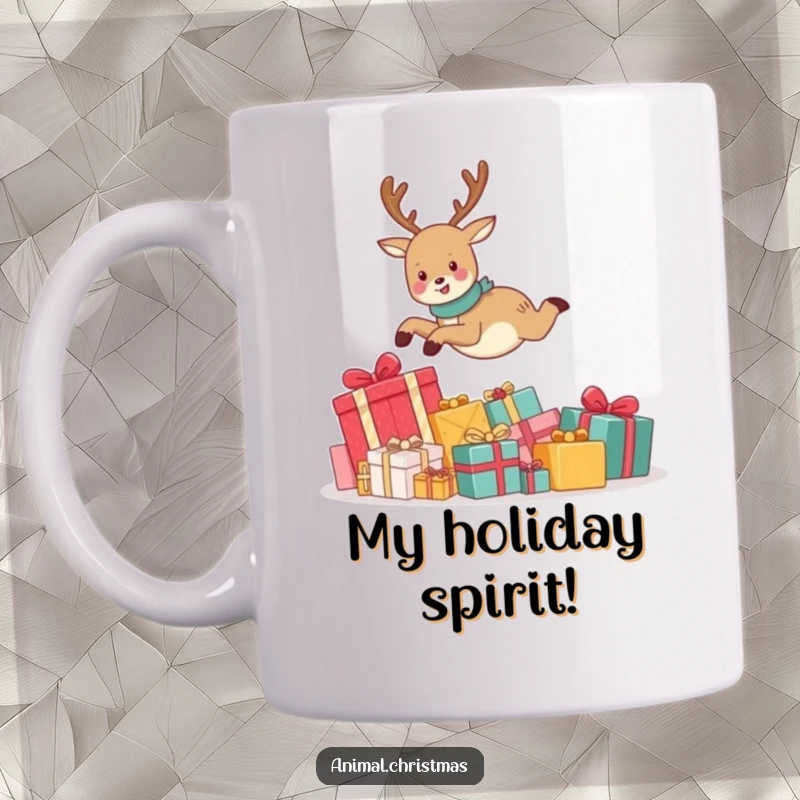 Funny mug with a cute reindeer joyfully leaping high over a large pile of wrapped Christmas presents, expressing pure delight and holiday spirit.