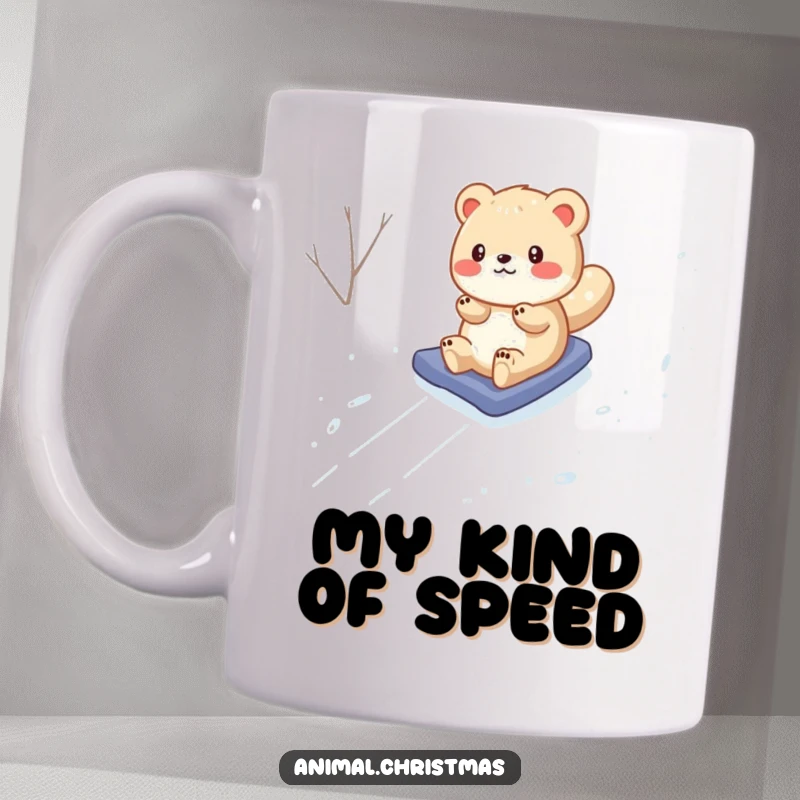 Funny Mug: An adorable animal gleefully slides down a snowy hill, embodying pure wintertime fun and happiness.
