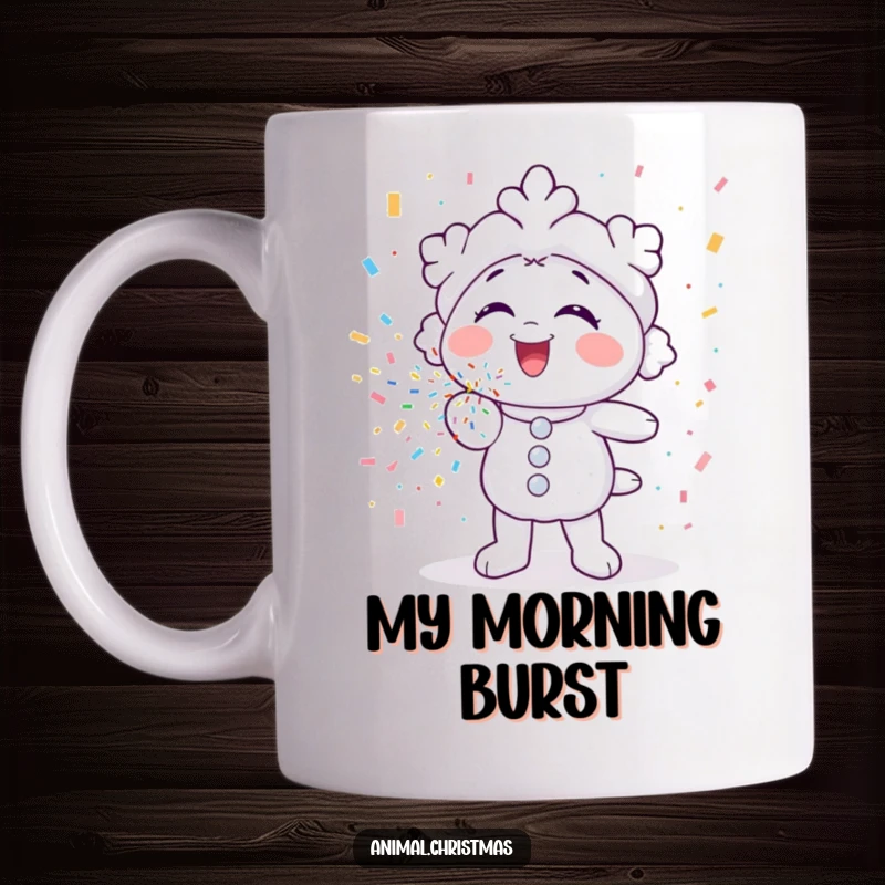 Funny mug featuring a snowflake character gleefully blowing a stream of colorful confetti, embodying festive celebration.