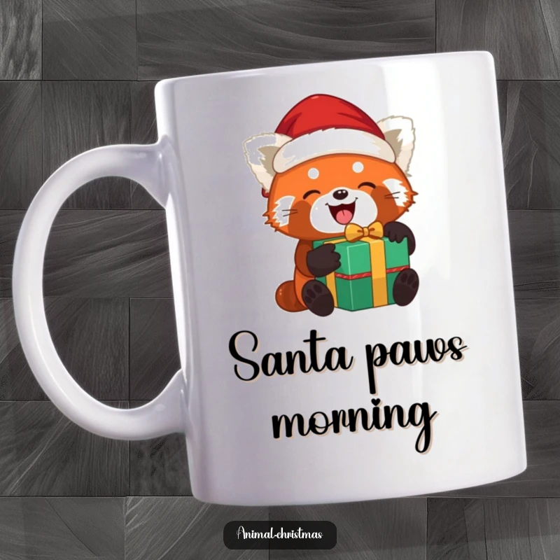 Funny red panda Santa mug with a red panda joyfully unwrapping a gift while wearing a Santa hat, capturing holiday excitement.