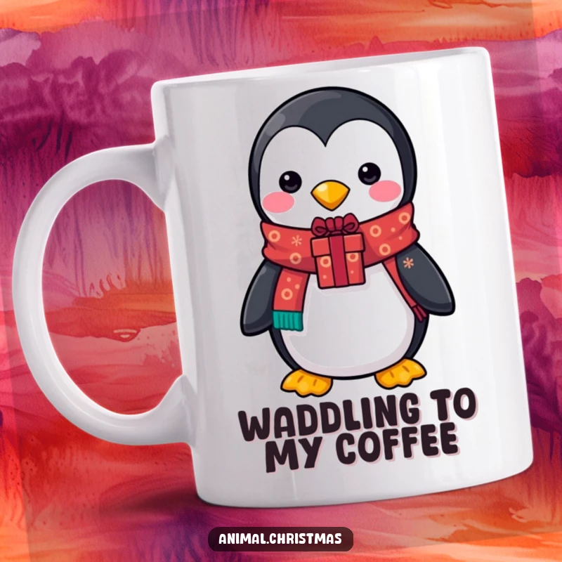 Funny mug featuring a penguin in a festive scarf, holding a decorated gift, exuding holiday cheer and cuteness.