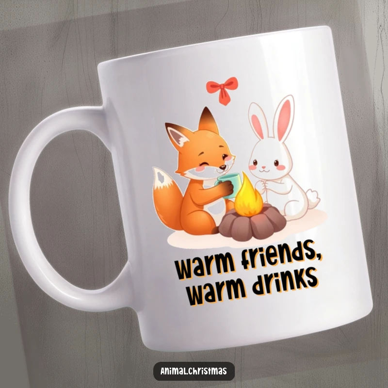 Funny mug featuring a fox and a rabbit sharing a warm mug by a festive fire, embodying friendship and coziness.
