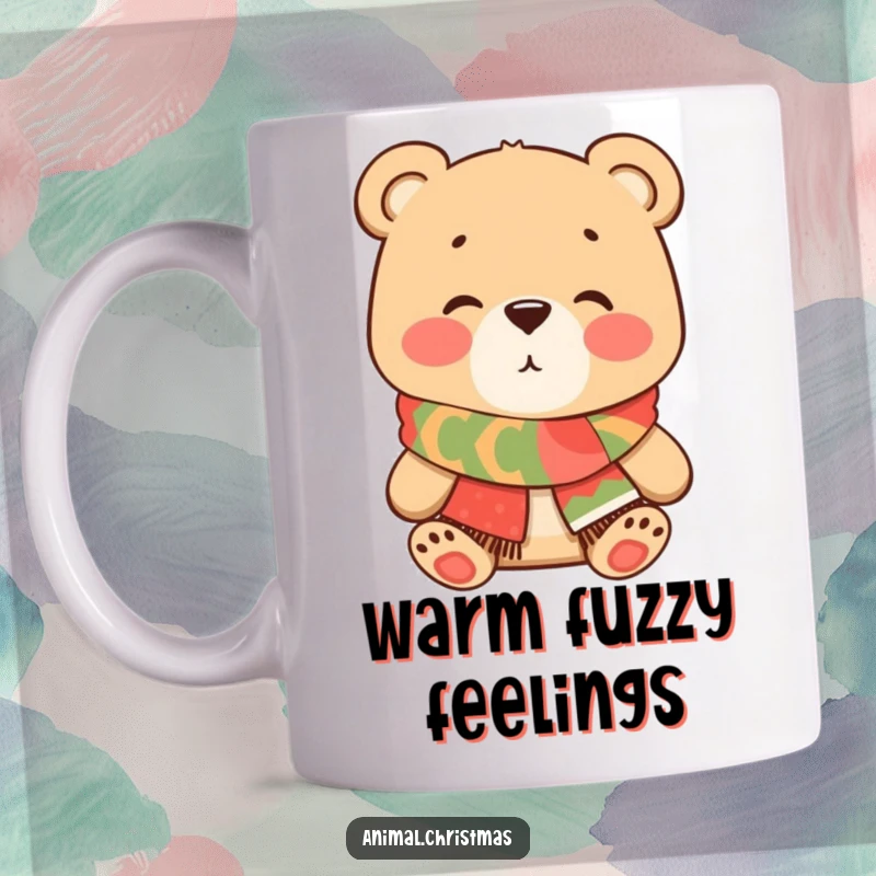 Funny Bear Kissing Mug, a cute cartoon bear wearing a festive scarf is blowing a romantic kiss, perfect for spreading love and holiday cheer.