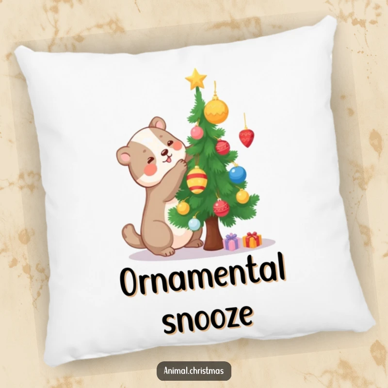 Funny decorative pillow with a happy animal decorating a small Christmas tree, perfect for cozying up during crafting sessions.