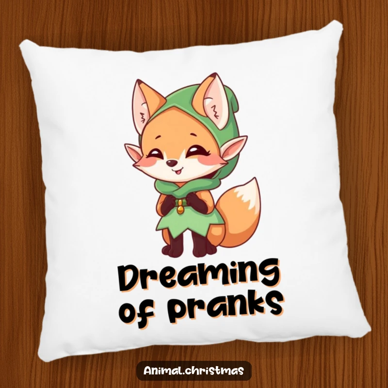 Funny elf fox pillow, a mischievous character giggling, dressed as an elf, soft and decorative.