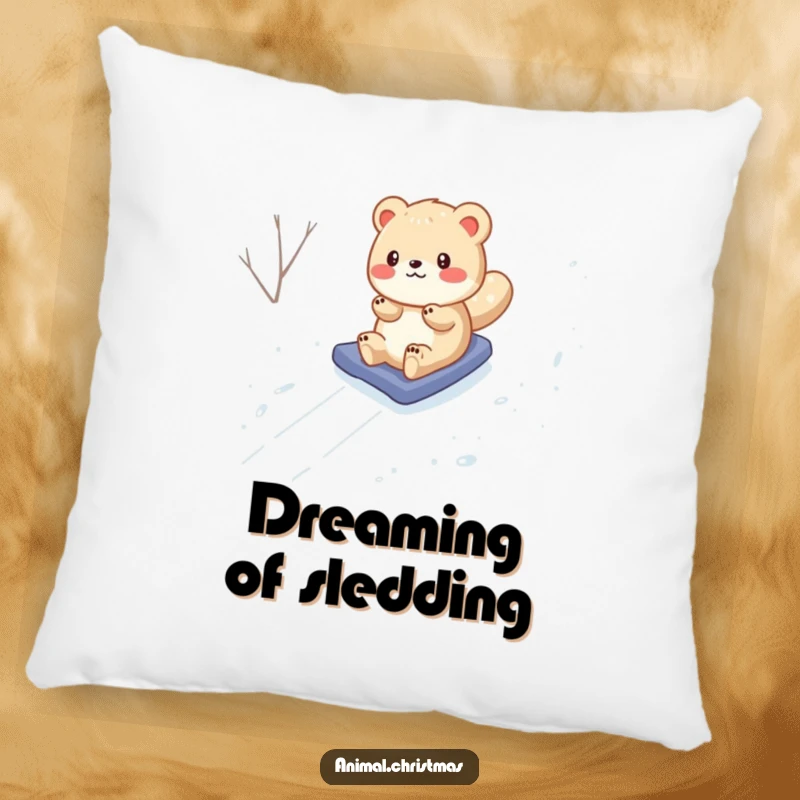 Funny Pillow: A delightful animal is shown playfully hurtling down a snowy hill, adding a touch of animated fun.
