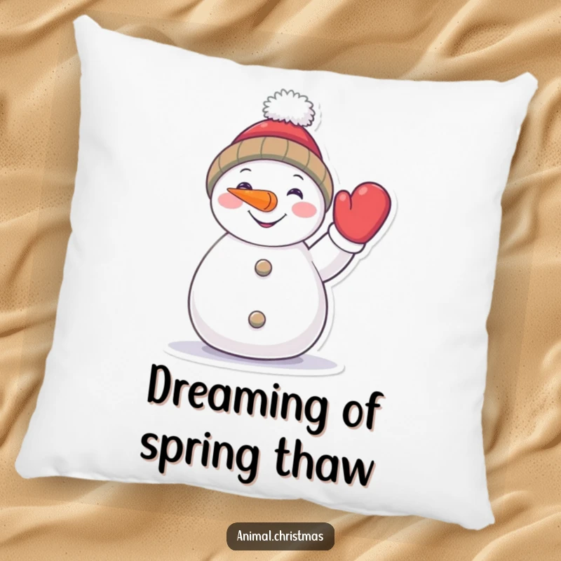Funny snowman pillow, a cheerful character with a carrot nose waving a mitten, soft and huggable winter decor.