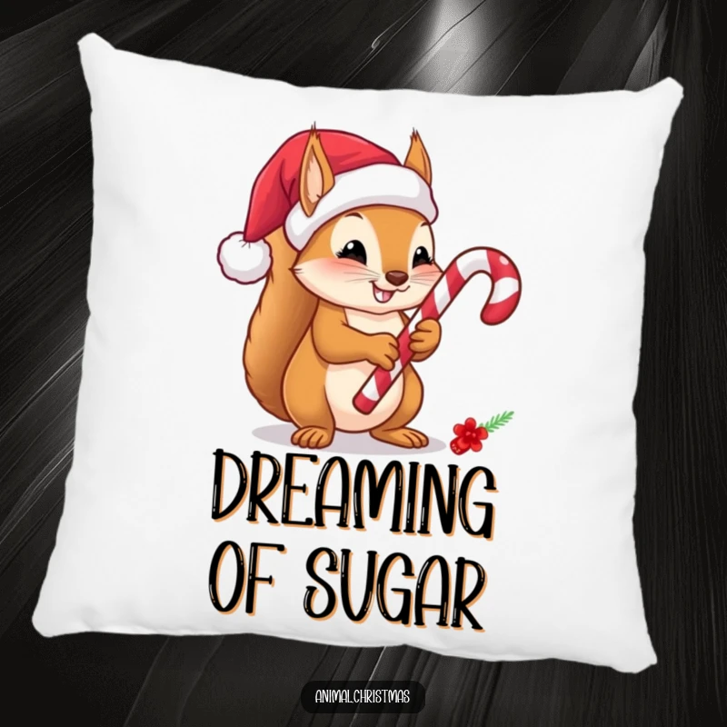 Funny Squirrel Candy Cane Pillow, a cute cartoon squirrel in a Santa hat holding a candy cane, offering comfort and a touch of festive, humorous holiday charm.
