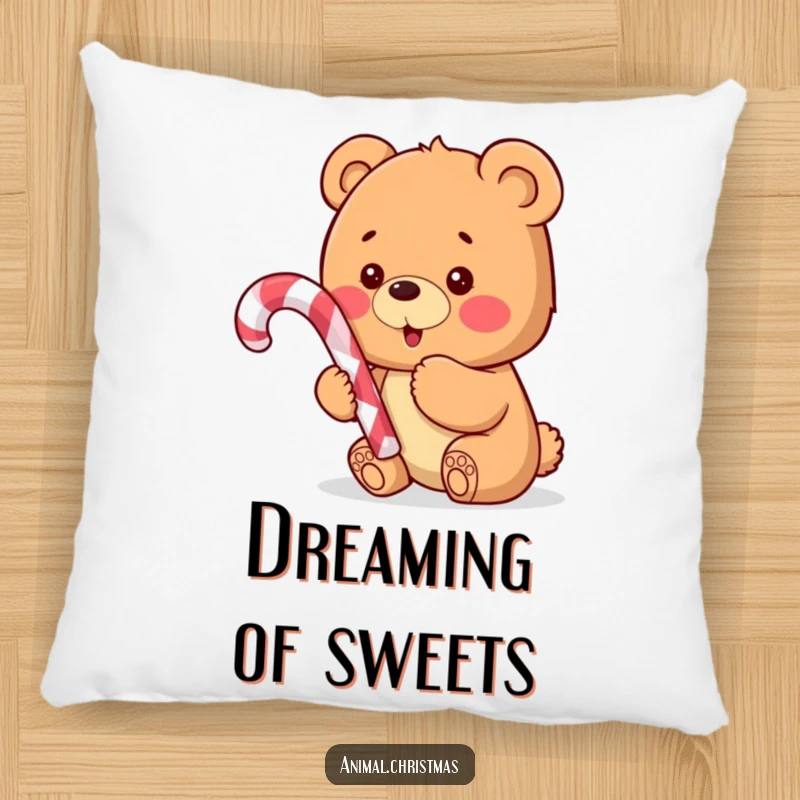 Funny pillow with a cute, excited bear cub embracing a candy cane, offering comfort and holiday spirit.
