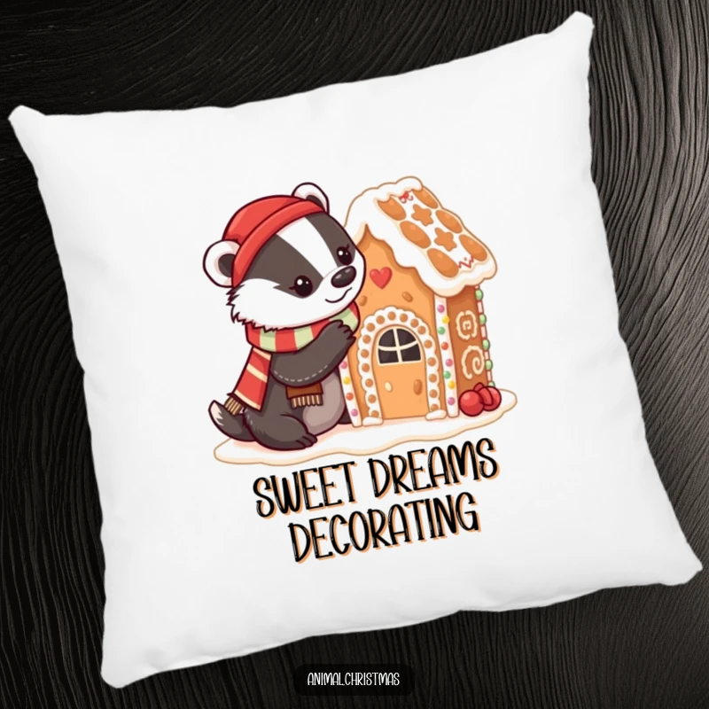 Funny badger baking pillow with a badger in a festive scarf decorating a gingerbread house with icing, adding cozy kitchen vibes.