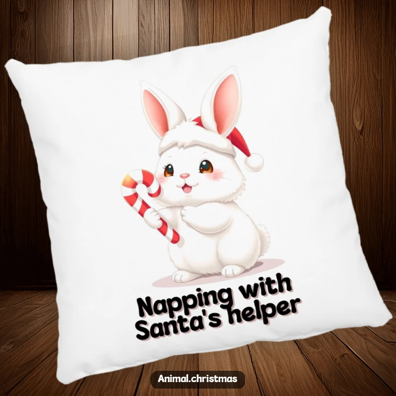 Funny Christmas pillow featuring a fluffy white bunny in a Santa hat holding a glowing candy cane, adding cozy holiday charm to any seating area.