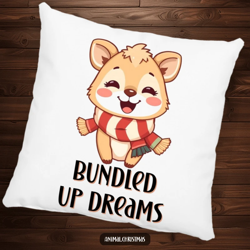 Funny Pillow: A cheerful animal wearing a festive scarf offers a wide, welcoming smile, ideal for holiday decor.