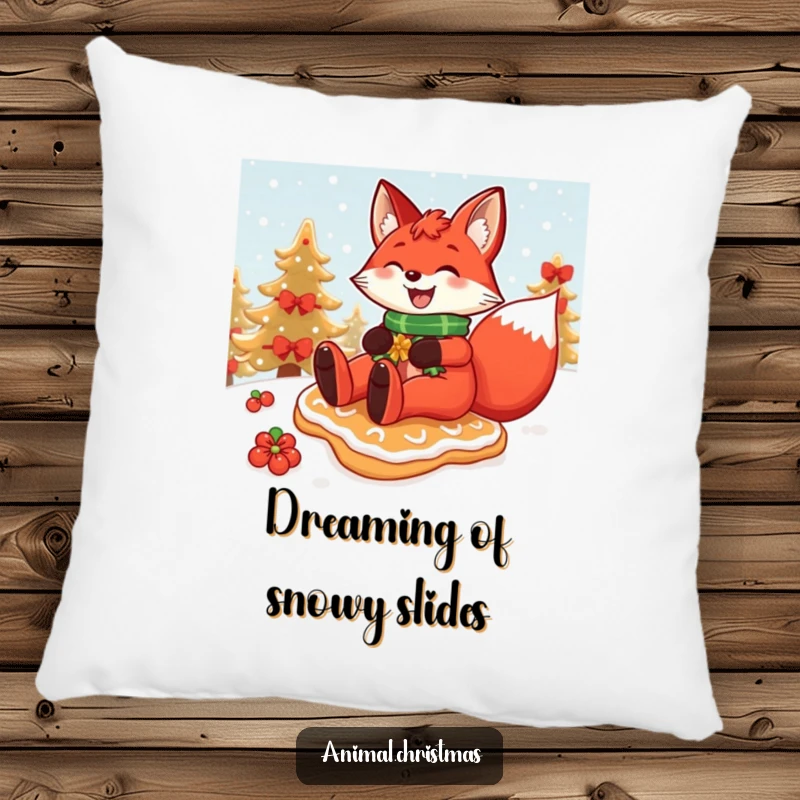 Funny Christmas pillow featuring a red fox grinning widely while sliding down a snowy hill on a festive gingerbread cookie.