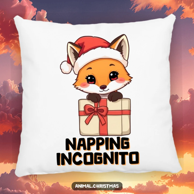 Funny pillow with a fox wearing a tiny Santa hat, peeking from behind a gift, providing cozy and humorous holiday comfort.