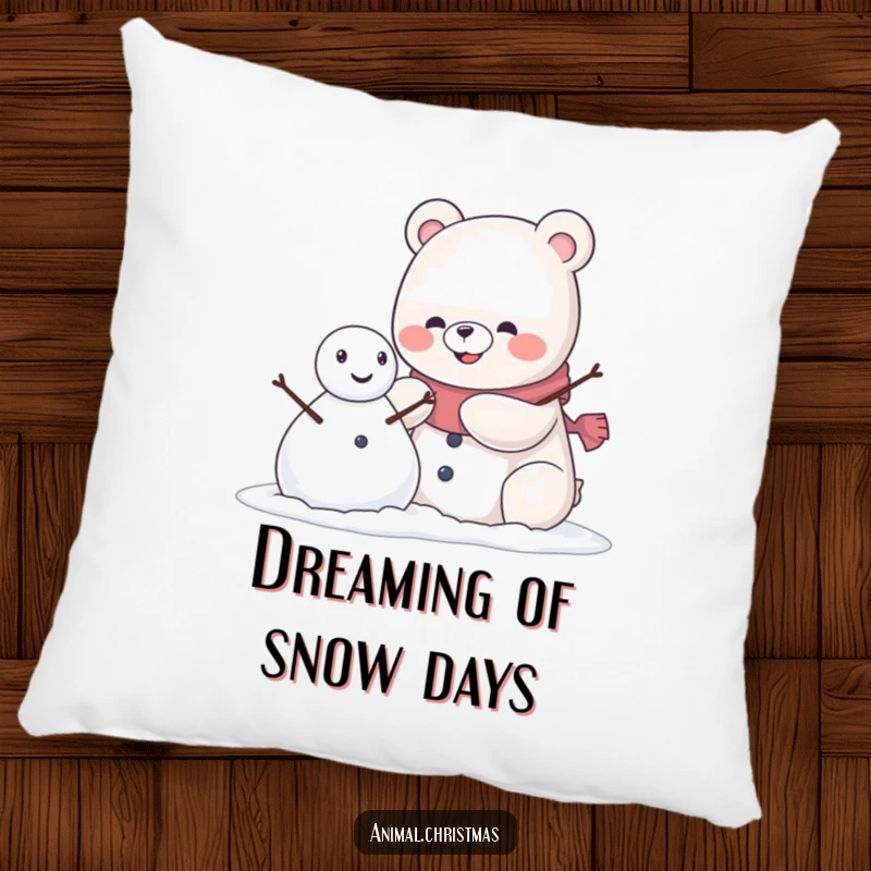 Funny kawaii bear wearing a pleased grin, building a snowman, a soft and cozy decorative pillow.