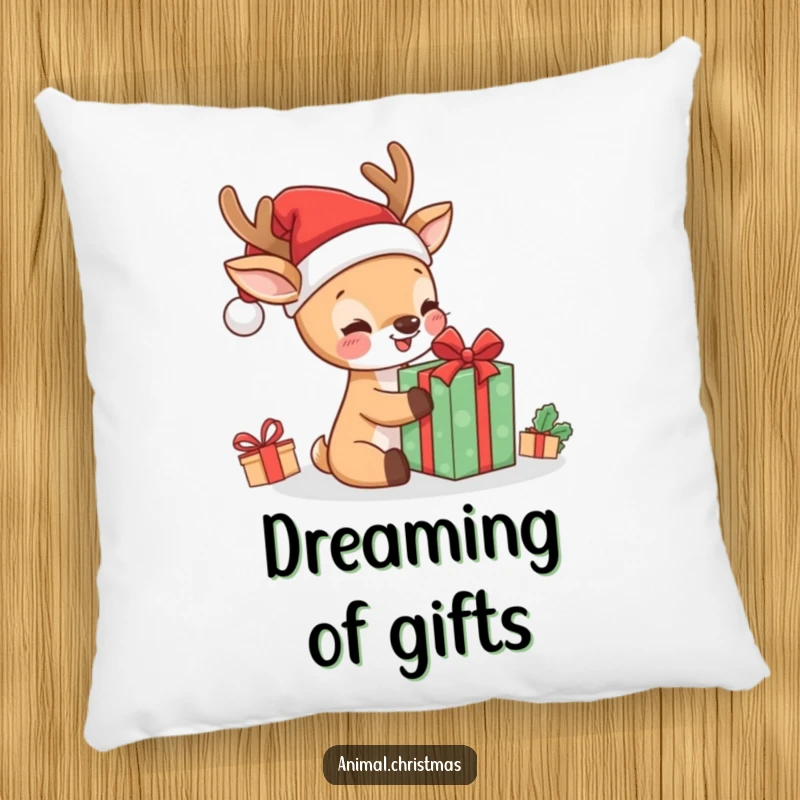 Funny kawaii deer in Santa hat, ecstatically unwrapping a gift, presented on a soft pillow for humorous decor.