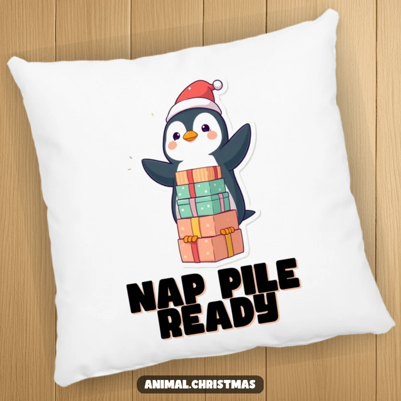 Funny kawaii penguin balancing gifts on a soft pillow, offering humorous and cozy holiday decor.