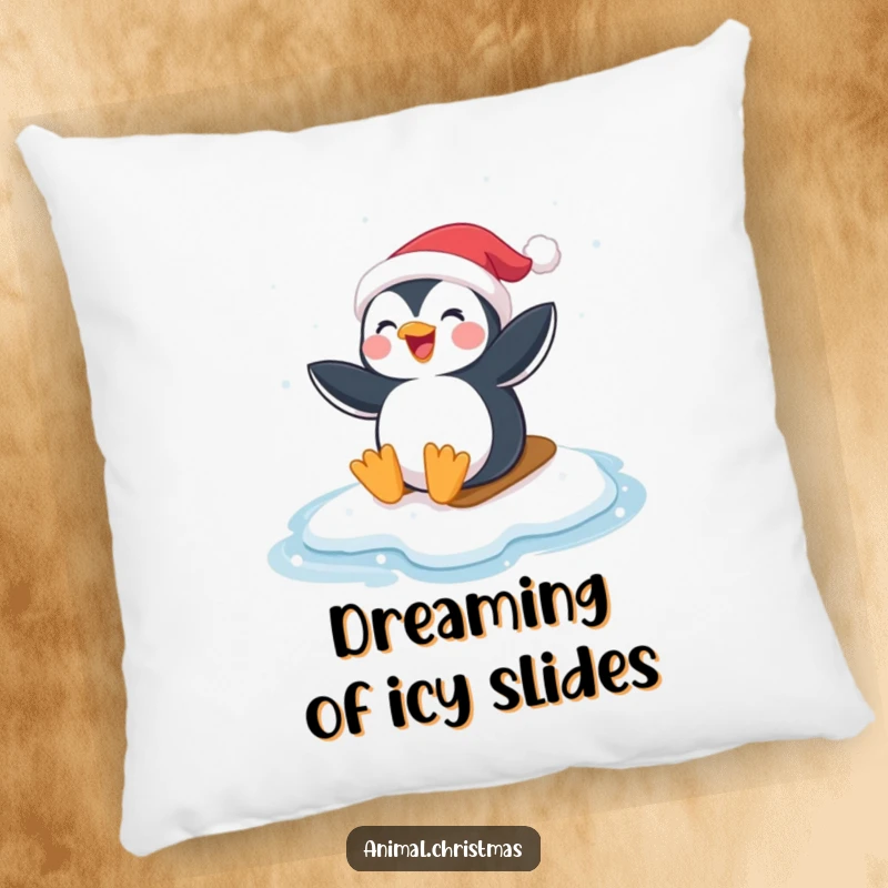 Funny Penguin Pillow: A penguin wearing a Santa hat joyfully sliding on ice, perfect for cozy and fun decor.