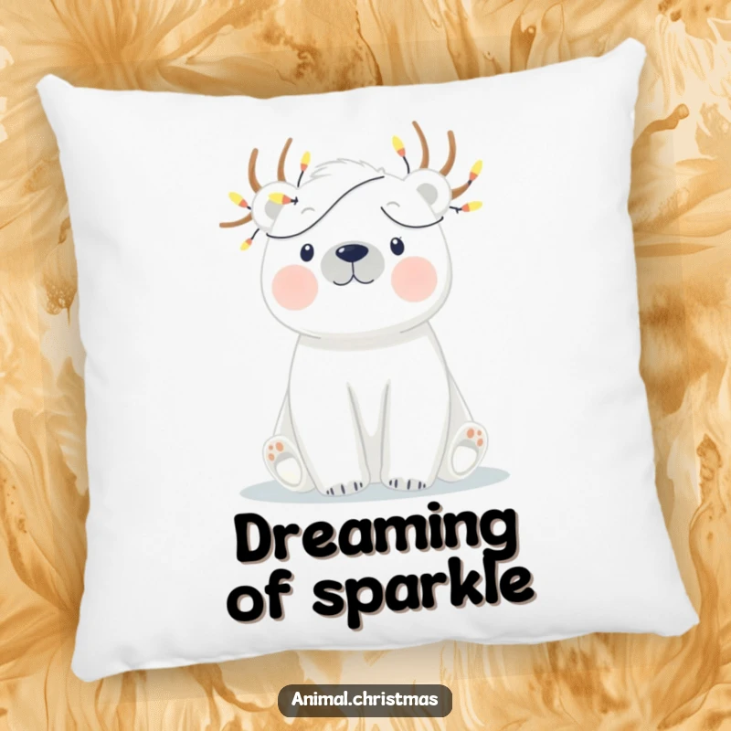 Funny pillow with a polar bear humorously entangled in twinkling Christmas lights, adding cozy and comical holiday decor.