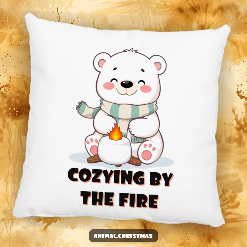 Funny Polar Bear Marshmallow Pillow: A polar bear with a festive scarf happily roasting a marshmallow, perfect for cozy decor.