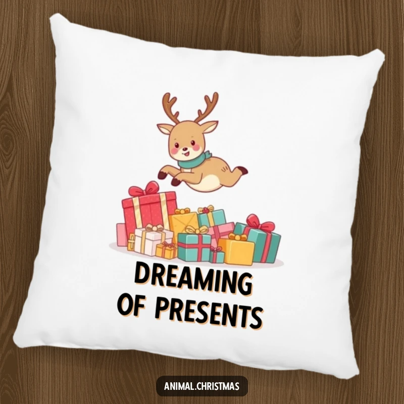 Funny pillow showcasing a cute reindeer joyfully leaping over a pile of wrapped Christmas gifts, adding a touch of festive humor to any space.