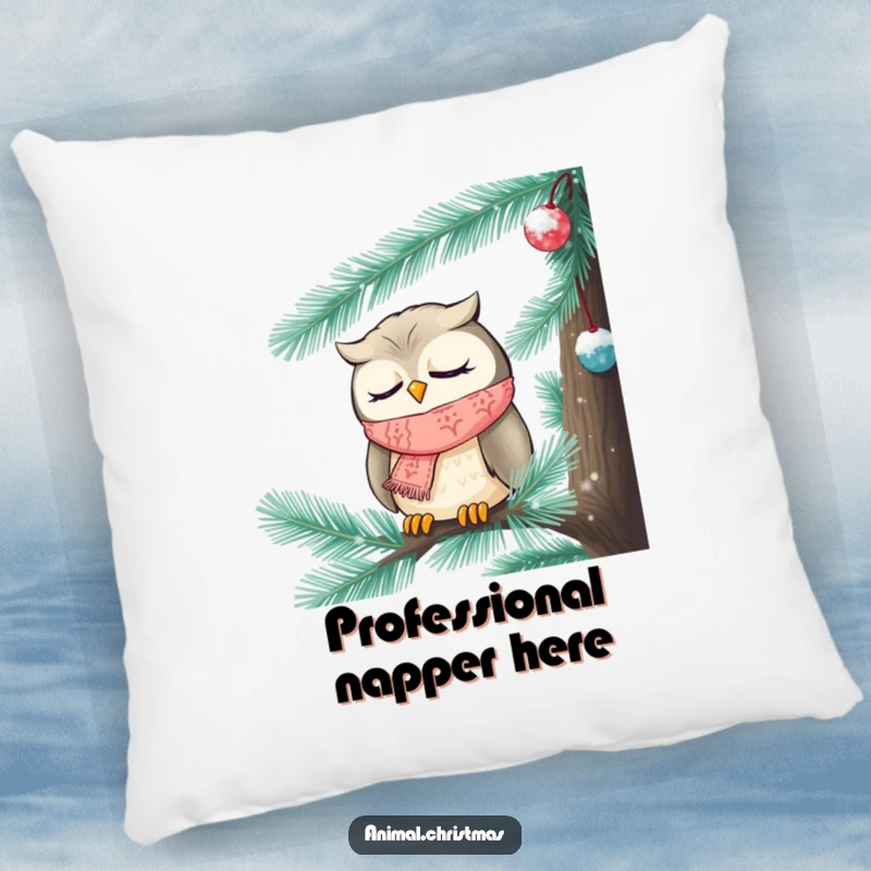 Funny Christmas pillow featuring a sleepy owl wearing a knitted scarf, nodding off inside a frosted pine tree.