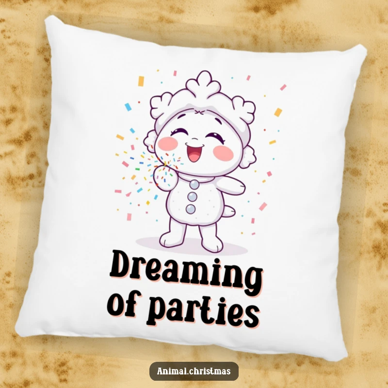 Funny pillow with a snowflake character gleefully blowing confetti, providing cozy and humorous winter decoration.
