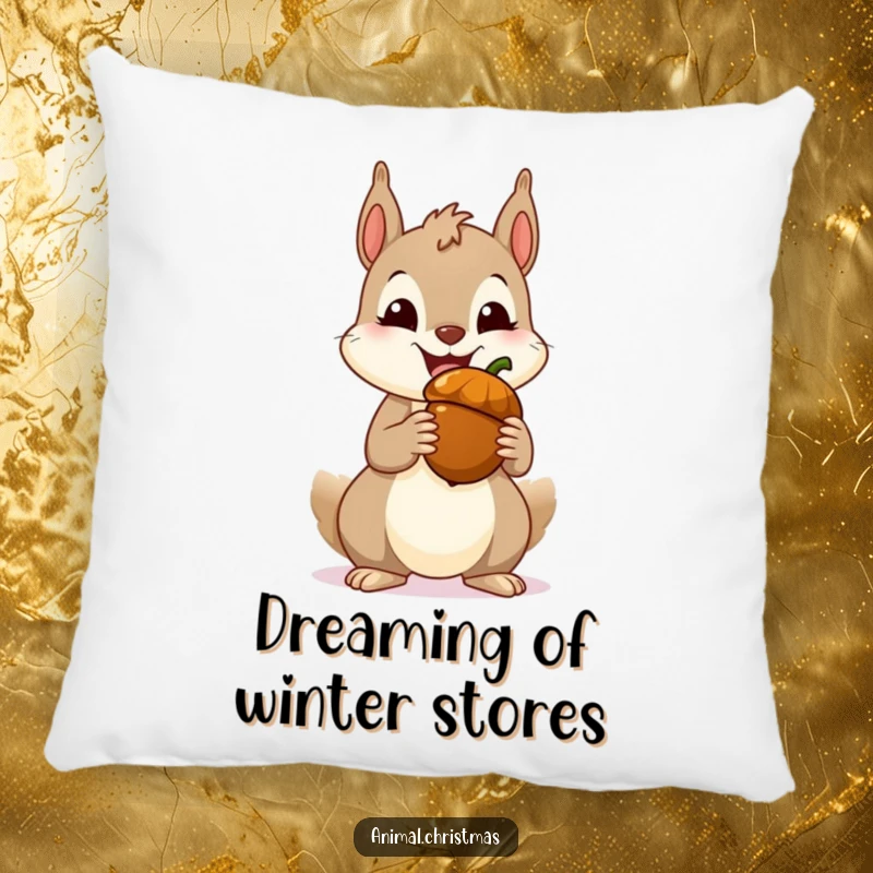 Funny squirrel pillow featuring a happily grinning squirrel holding a festive acorn, perfect for adding a touch of humor.