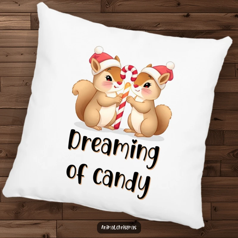 Funny squirrel Christmas pillow featuring two squirrels in tiny hats sharing a glowing candy cane, adding festive comfort and cuteness.