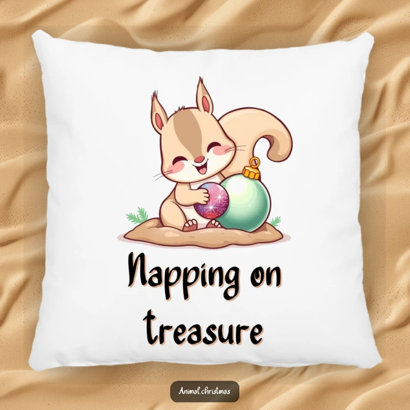 Funny pillow with a happy squirrel tucking away a shiny ornament, offering comfort and festive cheer.