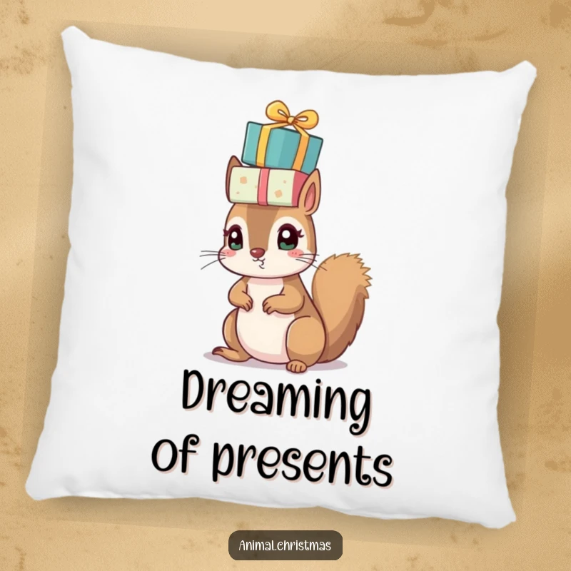 Funny Christmas pillow featuring a small squirrel with bright eyes, precariously balancing a pile of wrapped presents on its head.