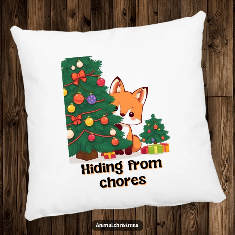 Funny kawaii fox peeking from a Christmas tree on a soft pillow, offering humorous and cozy holiday decor.