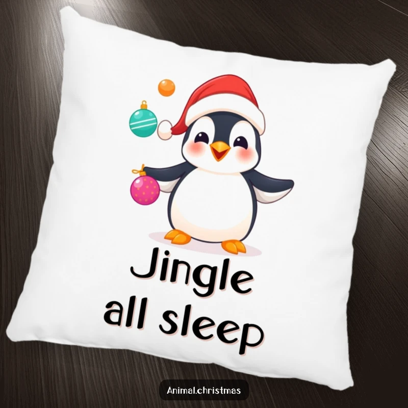 Funny pillow depicting a happy penguin wearing a Santa hat, juggling assorted Christmas ornaments with playful energy.