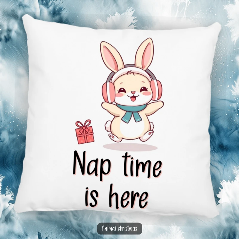 Funny pillow with a rabbit wearing earmuffs, hopping with festive cheer, offering comfort and holiday spirit.