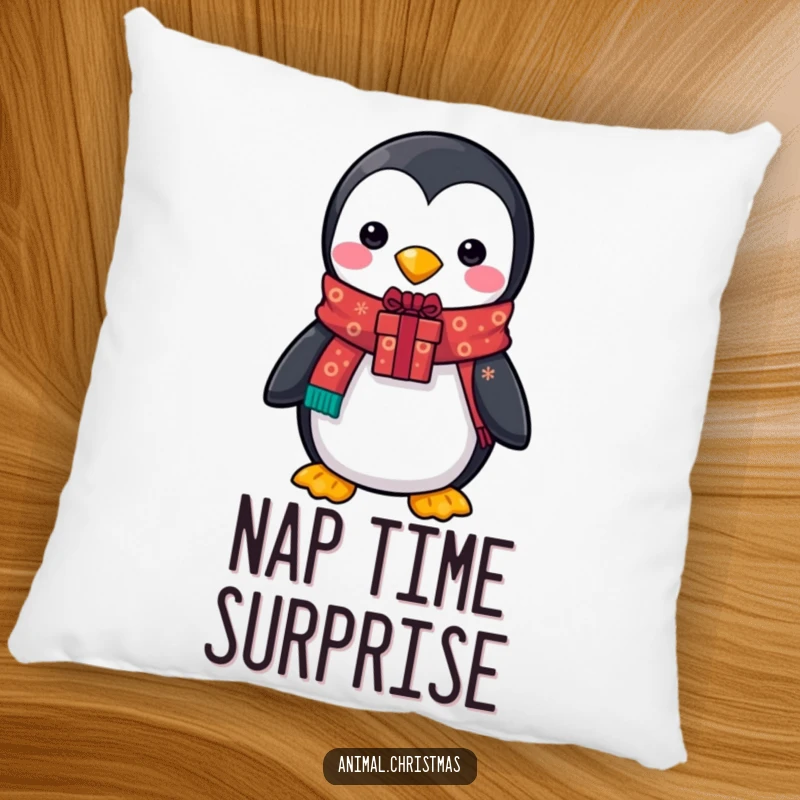 Funny pillow featuring a penguin with a festive scarf, holding a gift, providing cozy and humorous holiday decoration.