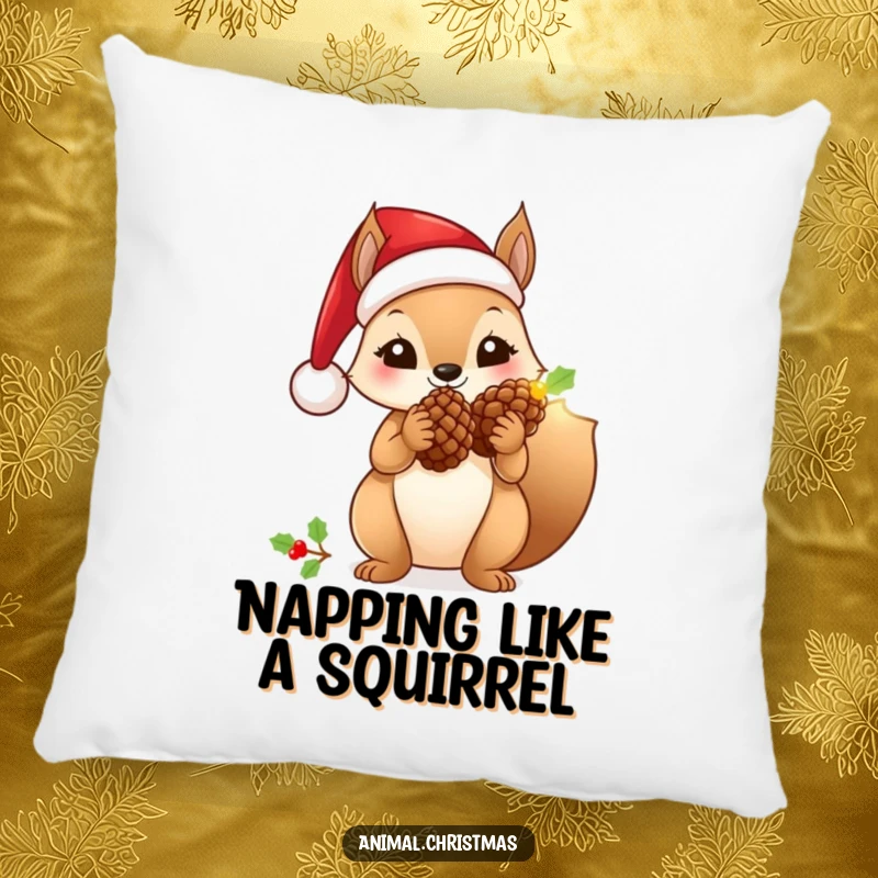 Funny squirrel pillow wearing a Santa hat, holding a glowing pinecone, soft and festive decor.