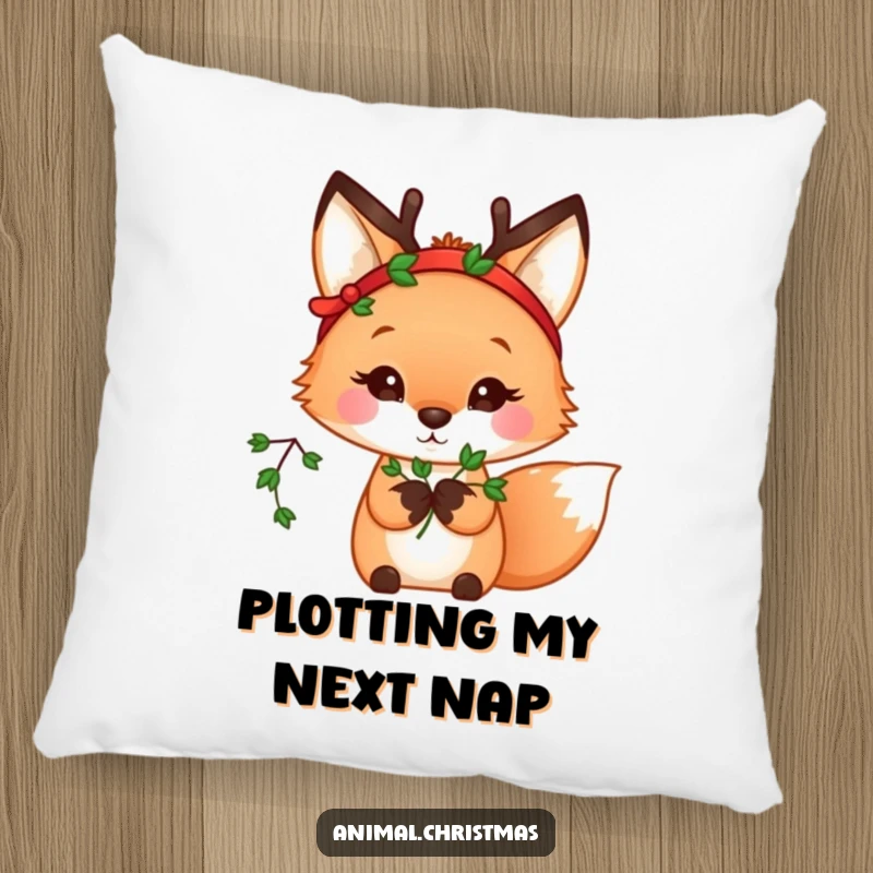 Funny kawaii fox wearing a reindeer headband, holding mistletoe, a soft and cozy decorative pillow.
