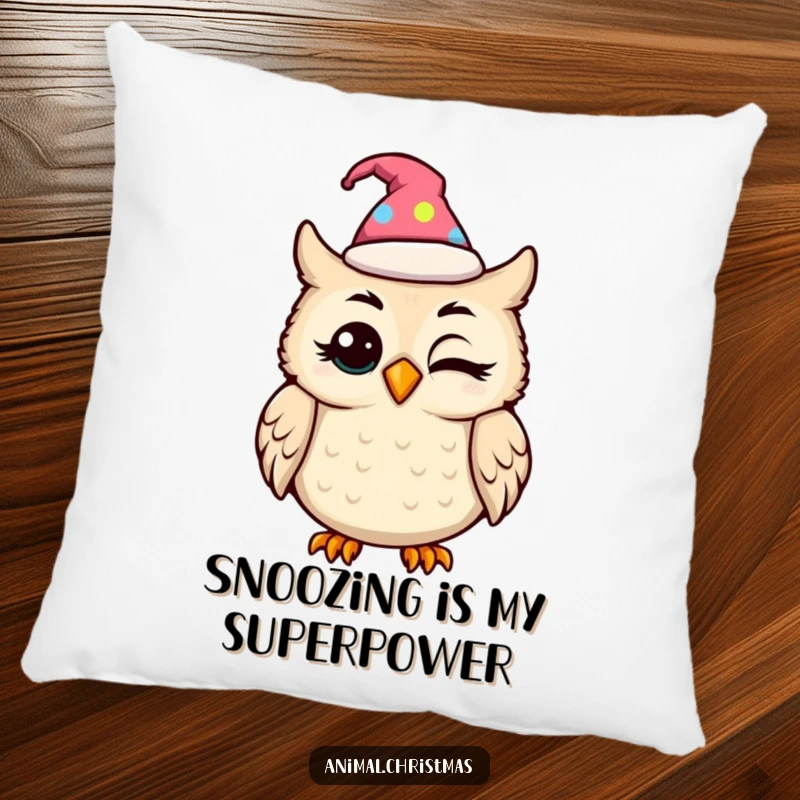 Funny kawaii owl wearing a festive hat, blinking with amusement, a soft and cozy decorative pillow.