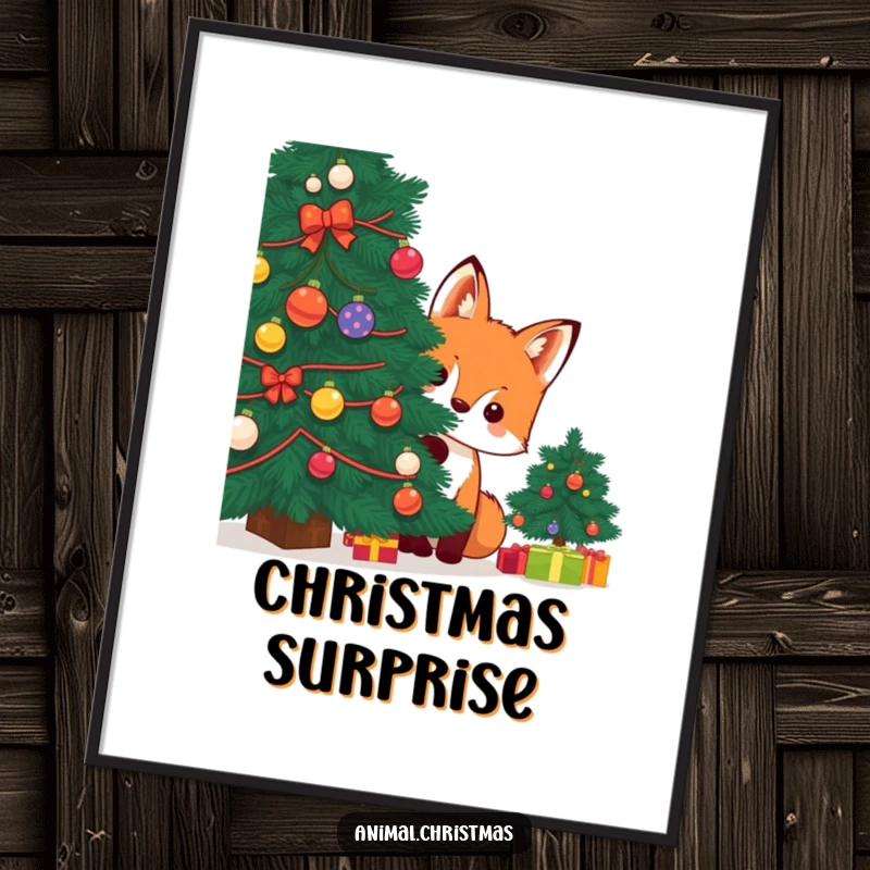 Funny kawaii fox peeking from behind a decorated Christmas tree as a digital art print, conveying playful holiday humor.
