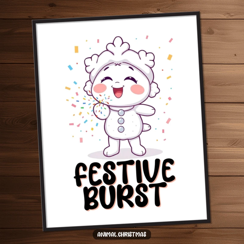 Funny digital art print of a snowflake character gleefully blowing colorful confetti, bringing instant festive joy.