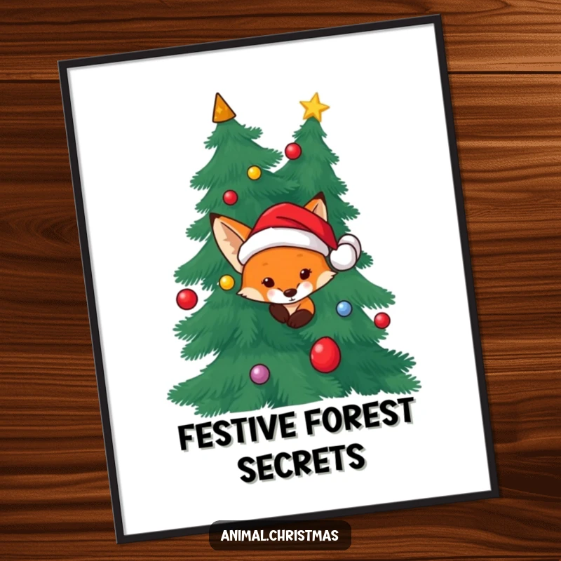 Funny Fox Santa Digital Art: A fox wearing a Santa hat peeking from behind a Christmas tree, perfect for instant decor.