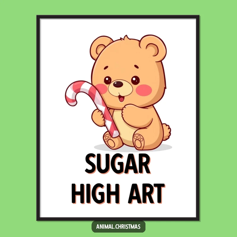 Funny Bear Cub Candy Cane Digital Art: Excited Cub Decor for a Funny Gift
